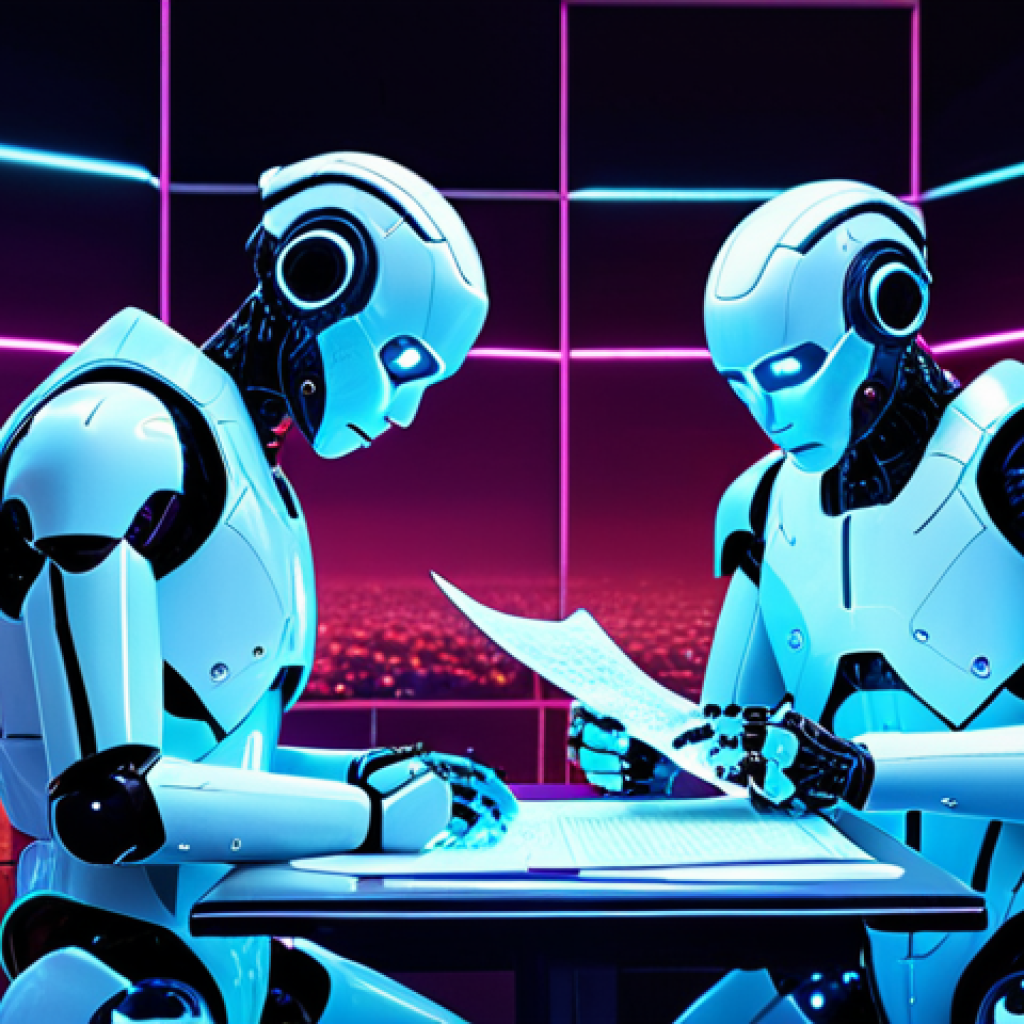 **A futuristic cityscape with AI robots analyzing complex documents, illuminated by neon lights, reflecting the advancements in bidirectional AI training.**