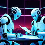 **A futuristic cityscape with AI robots analyzing complex documents, illuminated by neon lights, reflecting the advancements in bidirectional AI training.**