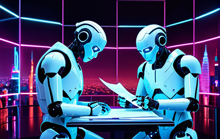 **A futuristic cityscape with AI robots analyzing complex documents, illuminated by neon lights, reflecting the advancements in bidirectional AI training.**