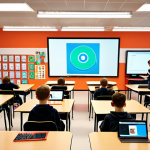 **Prompt:** A modern, brightly lit classroom in Germany. Students are engaged with tablets and laptops, some wearing headphones. A friendly, approachable AI tutor avatar hovers on a large display screen at the front of the room. The room has a clean, organized feel with colorful accents and posters related to STEM subjects. Focus on the personalized learning experience, emphasizing individual attention and modern educational technology.