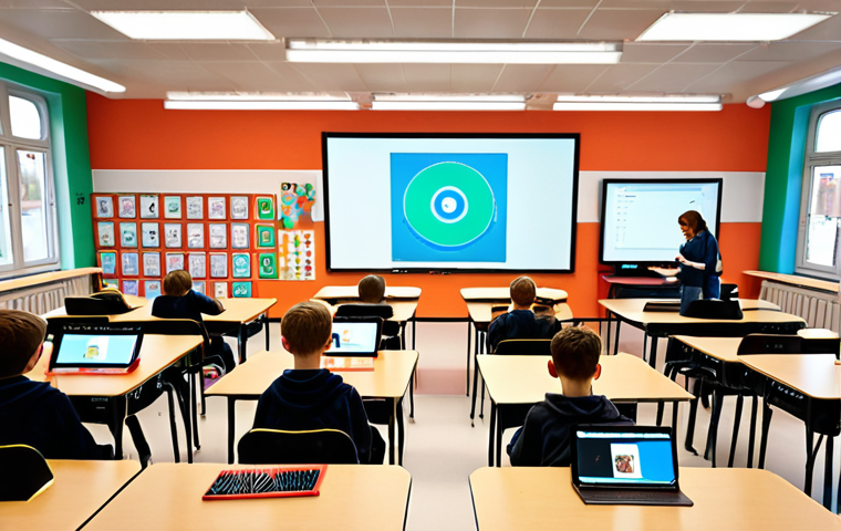 **Prompt:** A modern, brightly lit classroom in Germany. Students are engaged with tablets and laptops, some wearing headphones. A friendly, approachable AI tutor avatar hovers on a large display screen at the front of the room. The room has a clean, organized feel with colorful accents and posters related to STEM subjects. Focus on the personalized learning experience, emphasizing individual attention and modern educational technology.