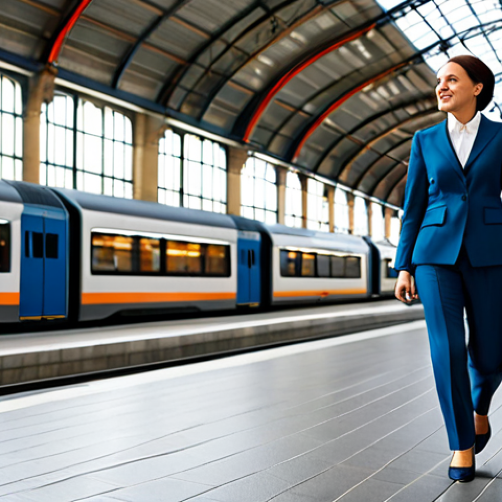 **
"A professional woman, mid-30s, wearing a stylish yet modest business suit (Hosenanzug) walking confidently through the Hauptbahnhof (main train station) in Berlin, Germany. Natural lighting, realistic rendering, perfect anatomy, vibrant colors, safe for work, appropriate content, fully clothed, professional, family-friendly, 8k resolution, detailed background with people and shops blurred in motion, modern architecture."
**