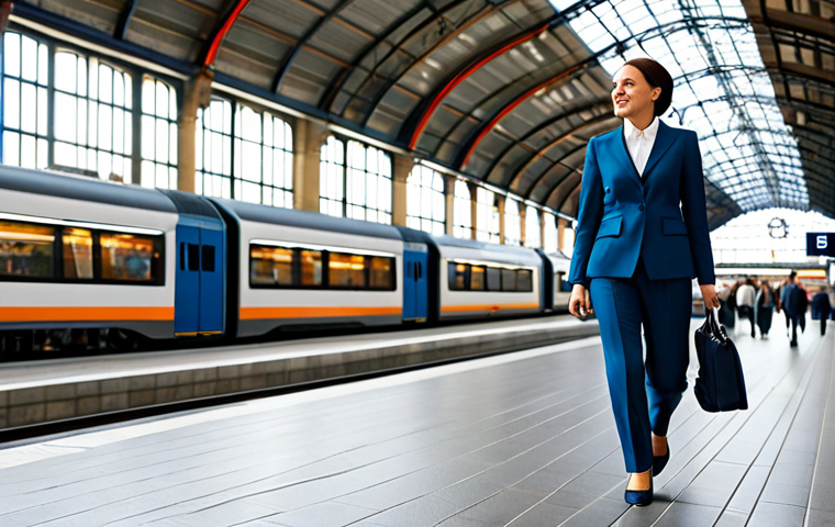**
"A professional woman, mid-30s, wearing a stylish yet modest business suit (Hosenanzug) walking confidently through the Hauptbahnhof (main train station) in Berlin, Germany. Natural lighting, realistic rendering, perfect anatomy, vibrant colors, safe for work, appropriate content, fully clothed, professional, family-friendly, 8k resolution, detailed background with people and shops blurred in motion, modern architecture."
**