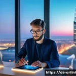 Home 21 온디바이스 AI의 사용자 맞춤형 최적화 기법 - A modern German urban home office scene featuring a middle-aged person using a sleek smartphone and ...