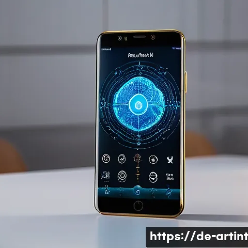 온디바이스 AI의 사용자 경험 개선 방안 - A sleek modern smartphone with a transparent overlay illustrating on-device AI processing: glowing n...