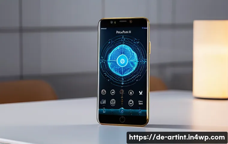 온디바이스 AI의 사용자 경험 개선 방안 - A sleek modern smartphone with a transparent overlay illustrating on-device AI processing: glowing n...